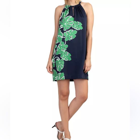 Trina Turk Hot Leaf Printed Halter Mini Dress Size 0 Navy Blue and Green - Picture 5 of 14